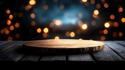 Wooden display platform on a dark background with bokeh lights.