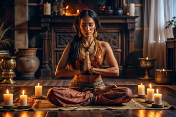 The concept of esoteric spiritual meditation, a woman in the lotus position. Human meditation, spirituality and chakra activation, mystical spirit.