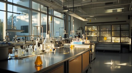 Wall Mural - 36. a vibrant chemistry lab bustling with activity around fume hoods