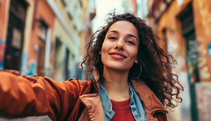 Young Woman Taking a Selfie in a Vibrant Urban Street Scene