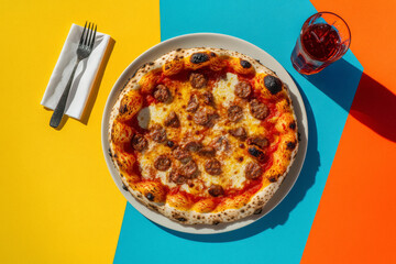 a Neapolitan pizza with sausage placed on a colorful background