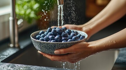 Wall Mural - A bowl of vibrant blueberries held by a woman hand under running water, capturing the moment of washing nutritious fresh fruit