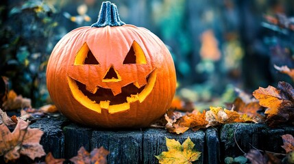 Sticker - Carved halloween pumpkin is sitting on a wooden ledge surrounded by colorful autumn leaves