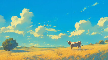 Landscape with cows. Styled like an anime or game background. Blue sky, sunset, sunrise, night, fog, snow, rain, cloudiness, autumn leaves, etc.