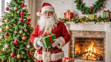 Cheerful Santa Claus holding a gift in a festive living room with a Christmas tree and fireplace