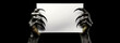© Alberto Masnovo - Closeup of two scary black hands of a monster with long sharp claws holding a blank sheet of paper with copy space, isolated on black background. Template for a Halloween greeting card. Generative Ai