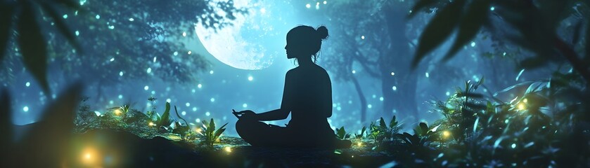 Woman Performing Healing Ritual Under Glowing Moonlit Forest