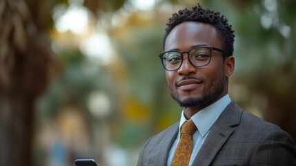 Wall Mural - A man wearing glasses and a suit is holding a cell phone