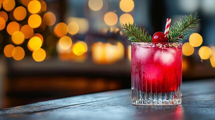 Festive drink with cranberry, ice, and pine, elegantly displayed on a wooden table.