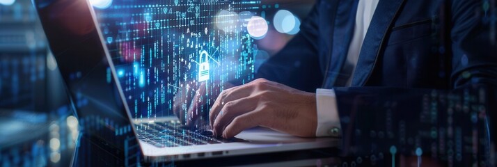 Poster - An individual engages in data protection by analyzing cyber security measures on a laptop amidst digital interfaces at night. Generative AI