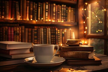 Aufkleber - Sipping coffee while surrounded by books in a warmly lit cafe creates the perfect inviting atmosphere for reading and relaxing. Generative AI