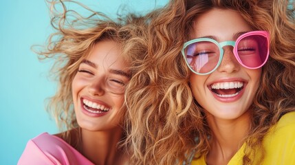 Two women with curly hair wear vibrant sunglasses, sharing a hearty laugh in a bright environment, symbolizing friendship, fashion, and carefree living.