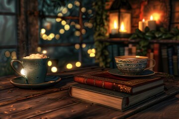 Poster - A warm and inviting book cafe features two coffee cups beside stacked books, enhanced by soft ambient lighting. Generative AI