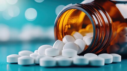 White tablets spill out from an amber medicine bottle on a light blue surface, symbolizing healthcare, treatment, and pharmaceutical concepts in a clinical setting.