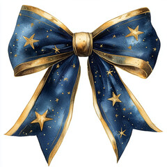 A festive Christmas bow featuring starry pattern in deep blue and gold, perfect for holiday decorations and gift wrapping. This elegant design adds touch of magic to any celebration