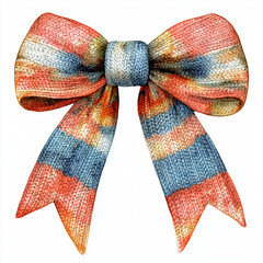 A beautifully handcrafted Christmas bow featuring knitted texture in vibrant colors of red, blue, and orange, perfect for festive decorations and gifts