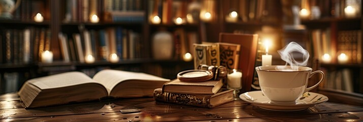 Aufkleber - A warm, inviting space featuring open books, a steaming cup of coffee, and soft candlelight, perfect for reading and relaxation. Generative AI