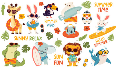 set of vector illustrations in children's style on summer theme. cute animals in sunglasses and surf