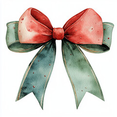 A beautiful vintage ribbon bow in red and green, perfect for adding nostalgic touch to Christmas decorations. Its watercolor design evokes warmth and festive cheer