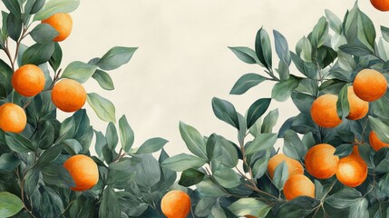 Watercolor illustration of orange tree branches with ripe oranges and green leaves on a beige background.