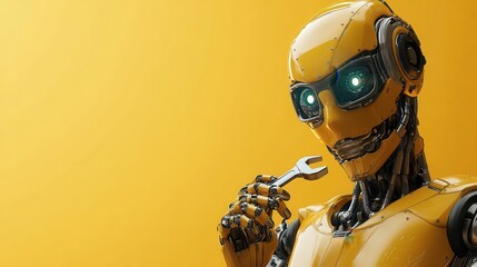 A characterful yellow robot holding a wrench, prominently featured against a vivid orange background, emphasizing creativity and technological innovation.