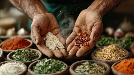 Hands display a variety of spices, over an array of different spices in wooden bowls, creating a textural and aromatic feast for the senses in this vibrant image.