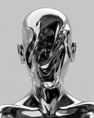 Liquid Identity: A chrome-plated human figure, its face obscured by a swirling, molten surface. The image evokes a sense of mystery and intrigue.