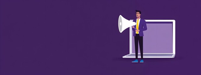 Vector illustration of a business person speaking into a megaphone with notebook