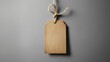 © kukichart - 3D  render of a brown kraft paper price tag mockup hanging on a string, front view, flat lay, isolated, on a grey background with a lot of blank space as a placeholder for any text or logo