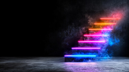 Poster - Bright neon staircase with vibrant colors leading upward, surrounded by dark, smoky atmosphere, creating surreal and captivating visual experience