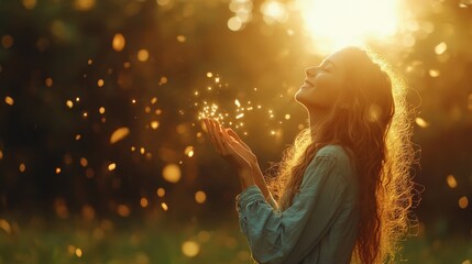 a joyful woman with closed eyes, embracing the warm sunlight while surrounded by gently falling leav