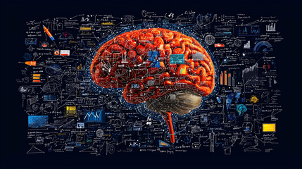 Aufkleber - image features vibrant human brain composed of swirling digital lines, surrounded by various business and scientific diagrams, symbolizing creativity and intelligence