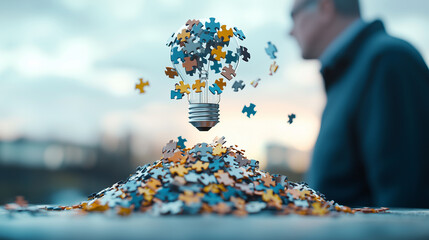 Aufkleber - lightbulb made of colorful puzzle pieces floats above pile of scattered puzzle pieces, symbolizing creativity and problem solving. blurred figure in background adds depth to scene