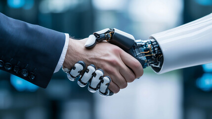 human hand shakes hands with robotic hand, symbolizing collaboration between technology and humanity. This moment captures essence of innovation and partnership in modern world