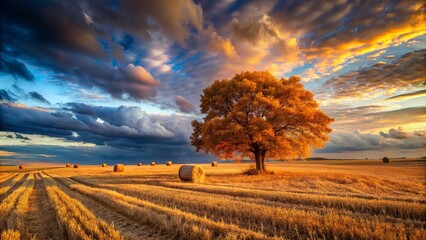 Canvas Print - Golden Hues and Silhouettes A Solitary Tree Stands Tall Amidst a Harvest Field Bathed in the Warm Glow of a Setting Sun, As Majestic Clouds Create a Dramatic Backdrop