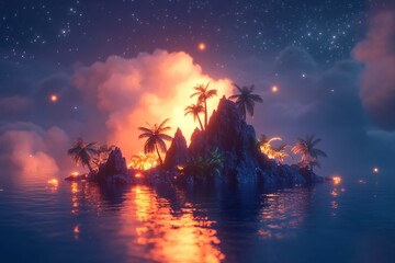 3D Islands, Fantasy glowing night sky Background Wallpaper