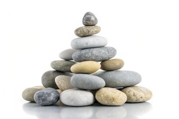 A pyramid of sea pebbles stacked on a white background, symbolizing balance and harmony in life.