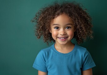 Smiling young girl with curly hair wearing a blue shirt against green background Generative AI