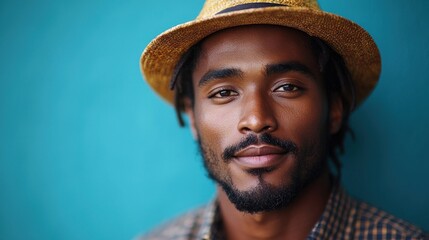 Man with beard and straw hat standing against a bright teal wall Generative AI