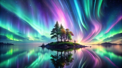 Wall Mural - Serene Night Sky Reflecting in a Still Lake with a Lone Island and a Canopy of Colorful Aurora Borealis