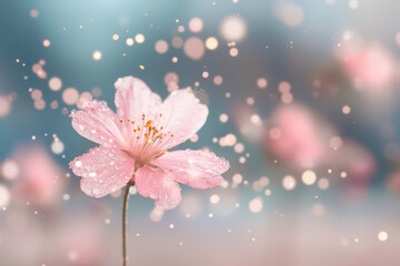 Poster - A single cherry blossom stands proudly, adorned with droplets, as a magical atmosphere filled with soft bokeh surrounds it, creating a tranquil mood