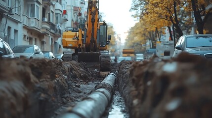 Excavator working on a city street, digging a trench for new pipes.