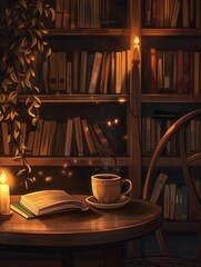 Poster - This inviting spot features a steaming cup of coffee, a cozy book, and soft lighting, perfect for reading in a warm and calm environment. Generative AI