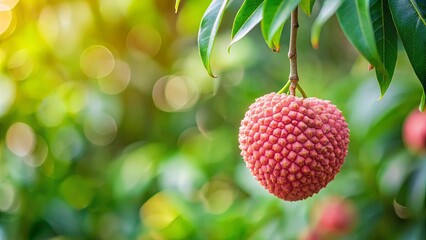 Sticker - A Single Lychee Fruit Hanging From a Branch in a Lush Green Orchard, Bathed in Warm Sunlight