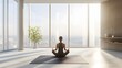 © Syukra - A person meditates on a yoga mat near a large window in a sleek, modern high-rise apartment. The city below is visible through the glass, but the inside of the apartment is calm and minimalistic