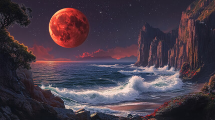 Wall Mural - Panoramic Red Moon Over Coastline: A panoramic view of a red moon over a rugged coastline, with waves crashing against rocks and the moonlight casting a reddish hue on the sea and cliffs.