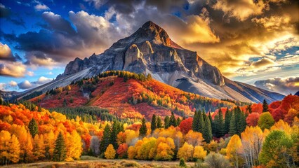 Poster - A Dramatic Mountain Peak Soars Above a Blanket of Autumnal Hues, with a Sky Painted with Golden and Blue Tones