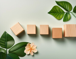 wooden cube with green leaves arranged in a row. Educational Concept, Idea Concept, Word For Education