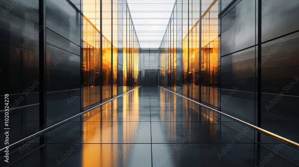 Sleek corridor with reflective glass walls and warm golden light ...