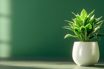 Canvas Print - An enchanting indoor plant thrives in a stylish white pot, contrasting beautifully against a deep black background, highlighting its lush green leaves